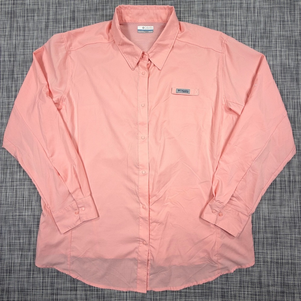 Columbia PFG Womens Fishing Shirt 2X Coral Pink Polyester Vented Long Sleeve
